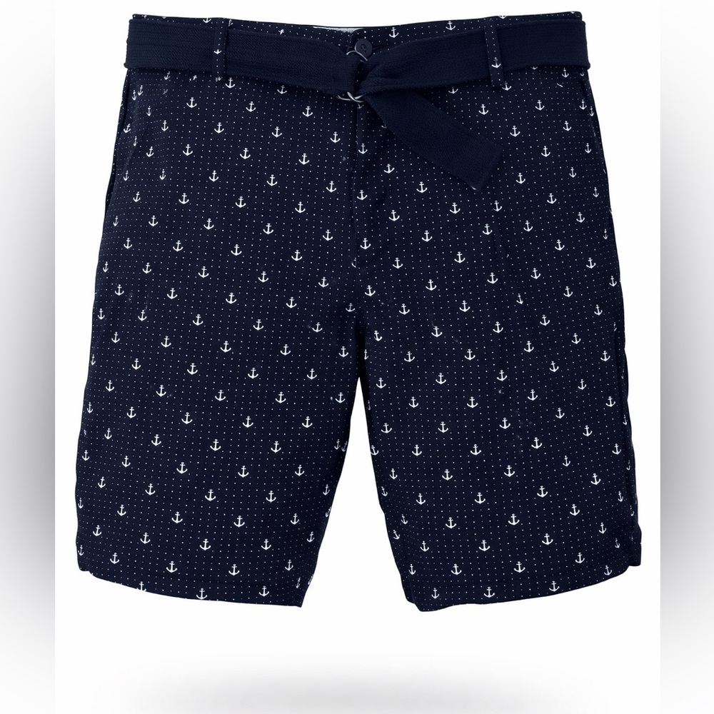 Beverly Hills Polo Club Anchor Print Shorts Size 38 Navy Belted Nautical